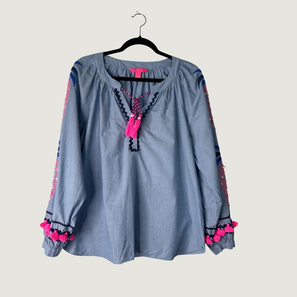 Lilly Pulitzer Haddie Chambray Blue Pineapple Long Sleeve Blouse Womens Medium